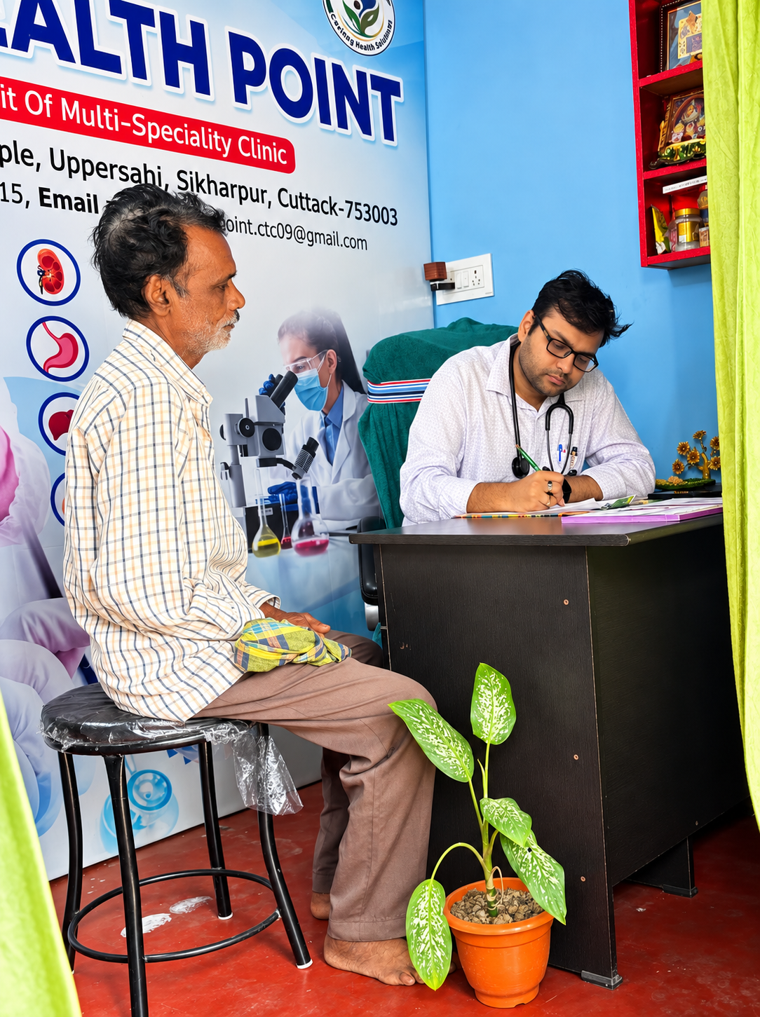 Doctor listening to a patient during a consultation at Sai Health Point